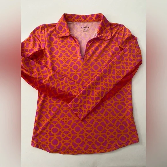 Icikuls UPF 50+ mock neck 1/4 zip top pink orange mosaic long sleeve Size Small - Picture 6 of 12